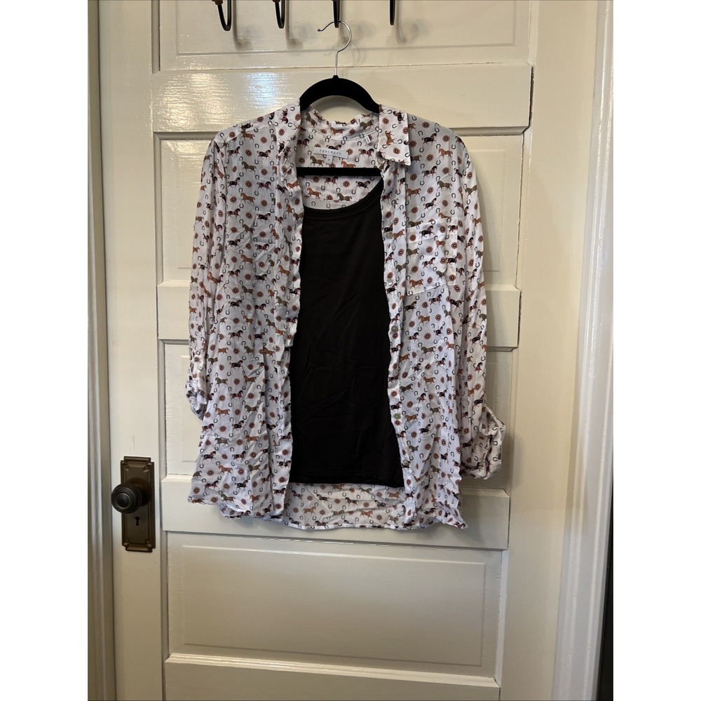 Foxcroft Women 12 Shirt Button Down White Brown Horse Equestrian Long Sleeve